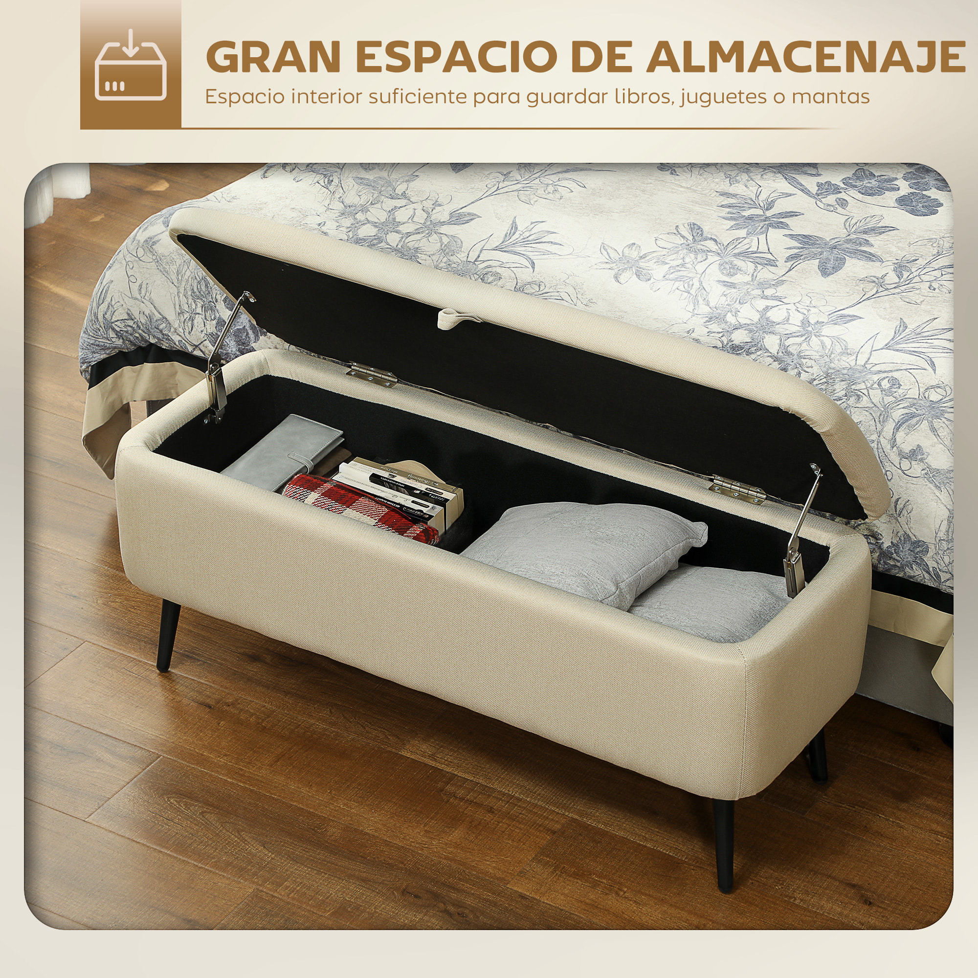 Puff Almacenaje Banco Almacenaje con Tapa Abatible y Patas de Acero Tapizado en Lino para Dormitorio Salón Entrada Carga 150 kg 101x38,5x44,5 cm Beige