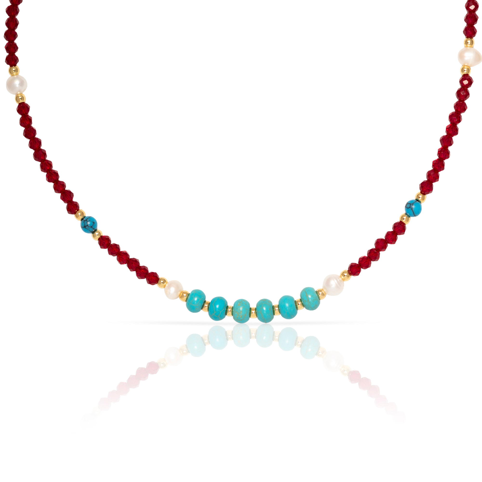 Collar de turquesa, cristal y perlas naturales con cierre de mosquetón.