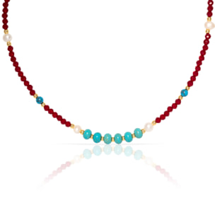 Collar de turquesa, cristal y perlas naturales con cierre de mosquetón.