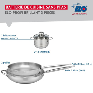 Ensemble de 2 Poêles de cuisson 28 et 32 cm et 1 faitout 12 cm Elo Profi Brillant