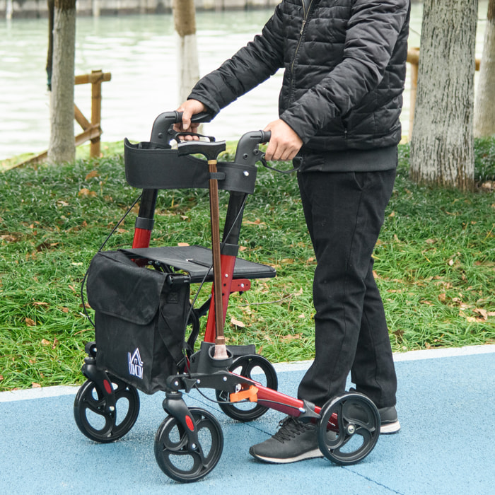 Andador para Ancianos Plegable de Aluminio Andador para Personas Mayores con Asiento y 4 Ruedas Andador con Altura Ajustable Frenos de Maneta y Bolsa de Transporte Rojo y Negro