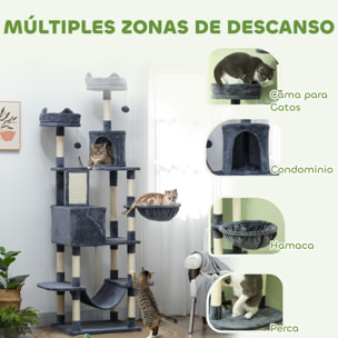 Rascador para Gatos Grande Altura 206 cm Árbol para Gatos Torre de Escalera con Plataformas Cuevas Bolas Colgantes y Hamacas Gris Oscuro