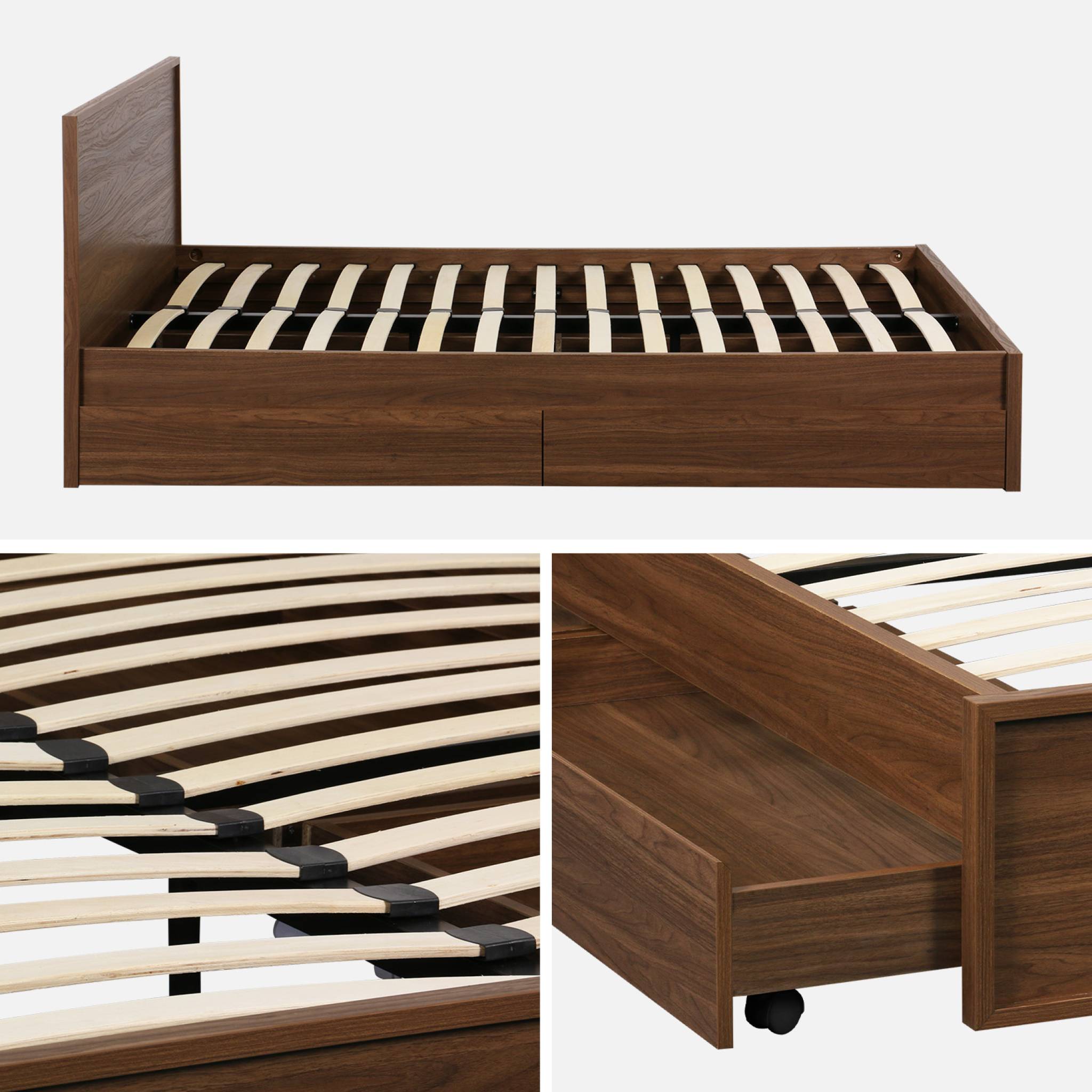 Lit avec sommier à lattes et tête de lit 160 x 200cm + 4 tiroirs décor bois KUBA