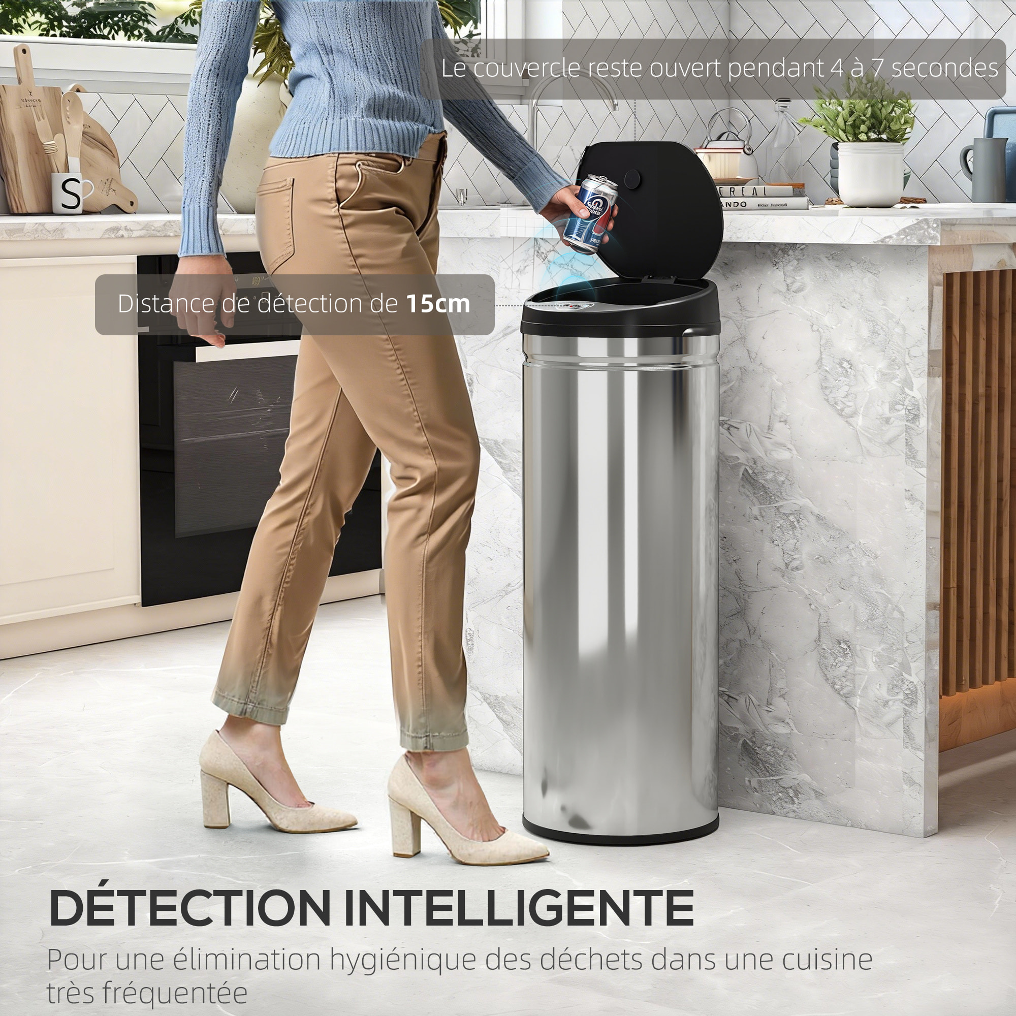 Poubelle automatique 50L capteur de mouvement acier inox brossé
