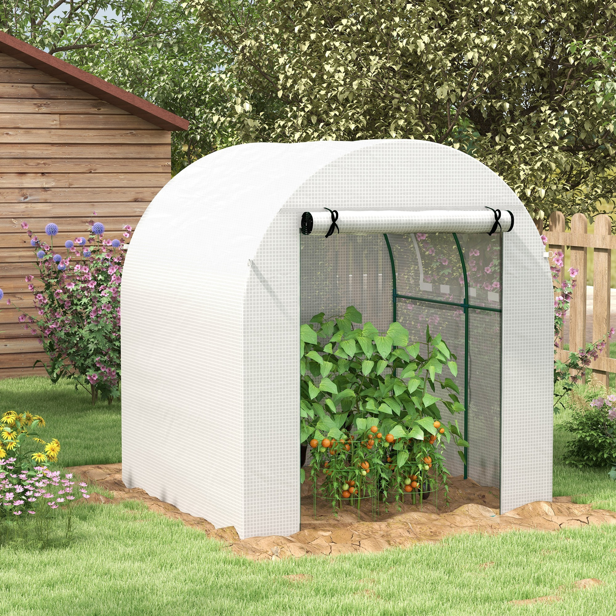 Invernadero de Jardín 180x180x200 cm Invernadero de Túnel Pequeño con Puerta Enrollable y Ventana de Malla para Cultivar Plantas Flores Blanco