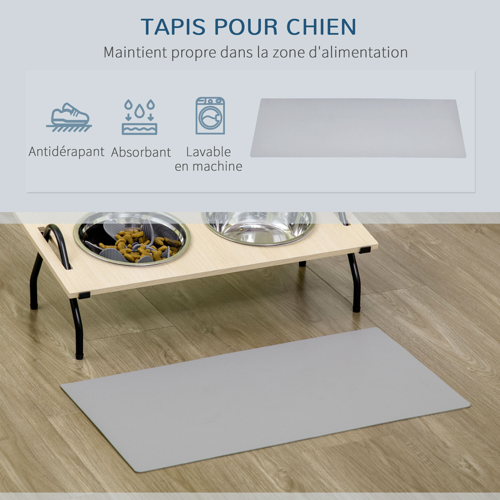 Gamelle double chien porte-gamelles surélevé 2 gamelles anti-glouton acier inox et tapis inclus acier noir plateau aspect bois clair