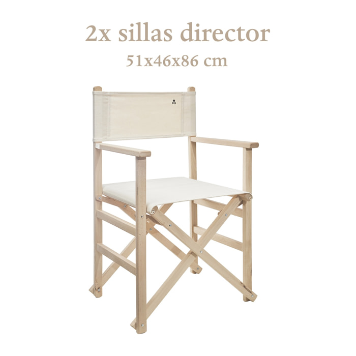 Set de 2 sillones director plegables estructura sin barniz con lona color crudo