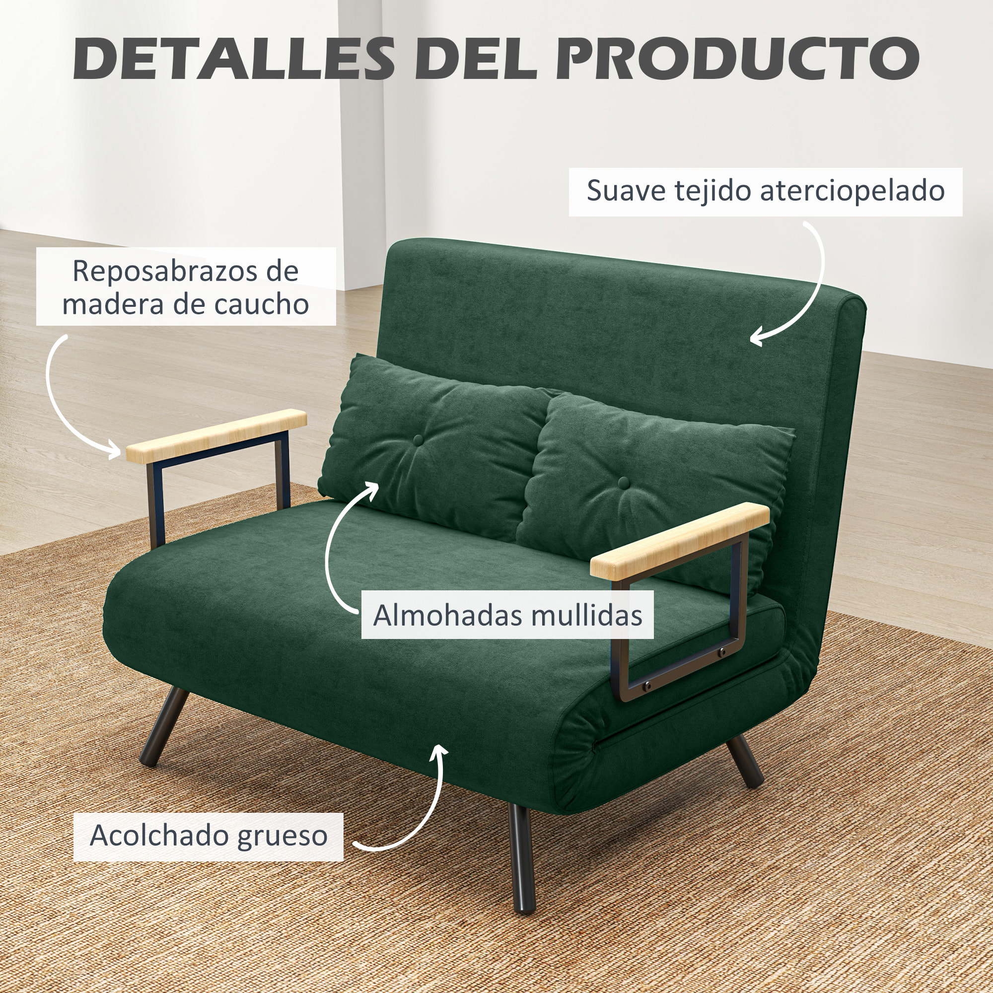 Sofá Cama de 2 Plazas Sofá Cama Plegable Tapizado en Terciopelo con Respaldo Ajustable de 5 Niveles y 2 Almohadas Acolchadas para Oficina Dormitorio Salón 102x73x81 cm Verde