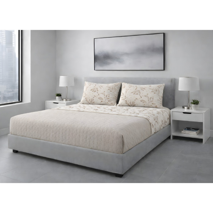 Completo Lenzuola in 100% Cotone Made in Italy Fiorato Disegno Sambuco Colore Nocciola