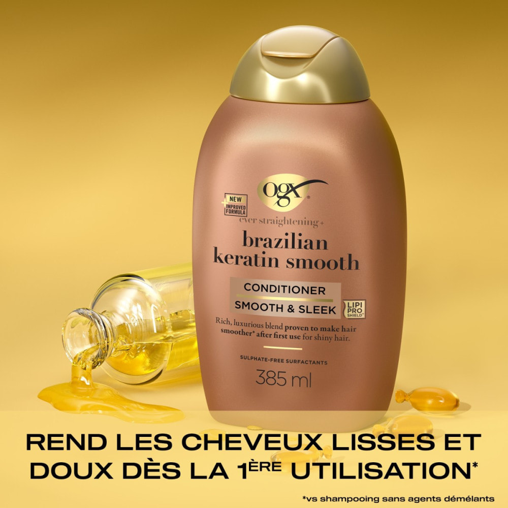 OGX Après-Shampooing Kératine Lissage Brésilien, 385ml – Soin capillaire lissant à la kératine pour des cheveux brillants – Aprè