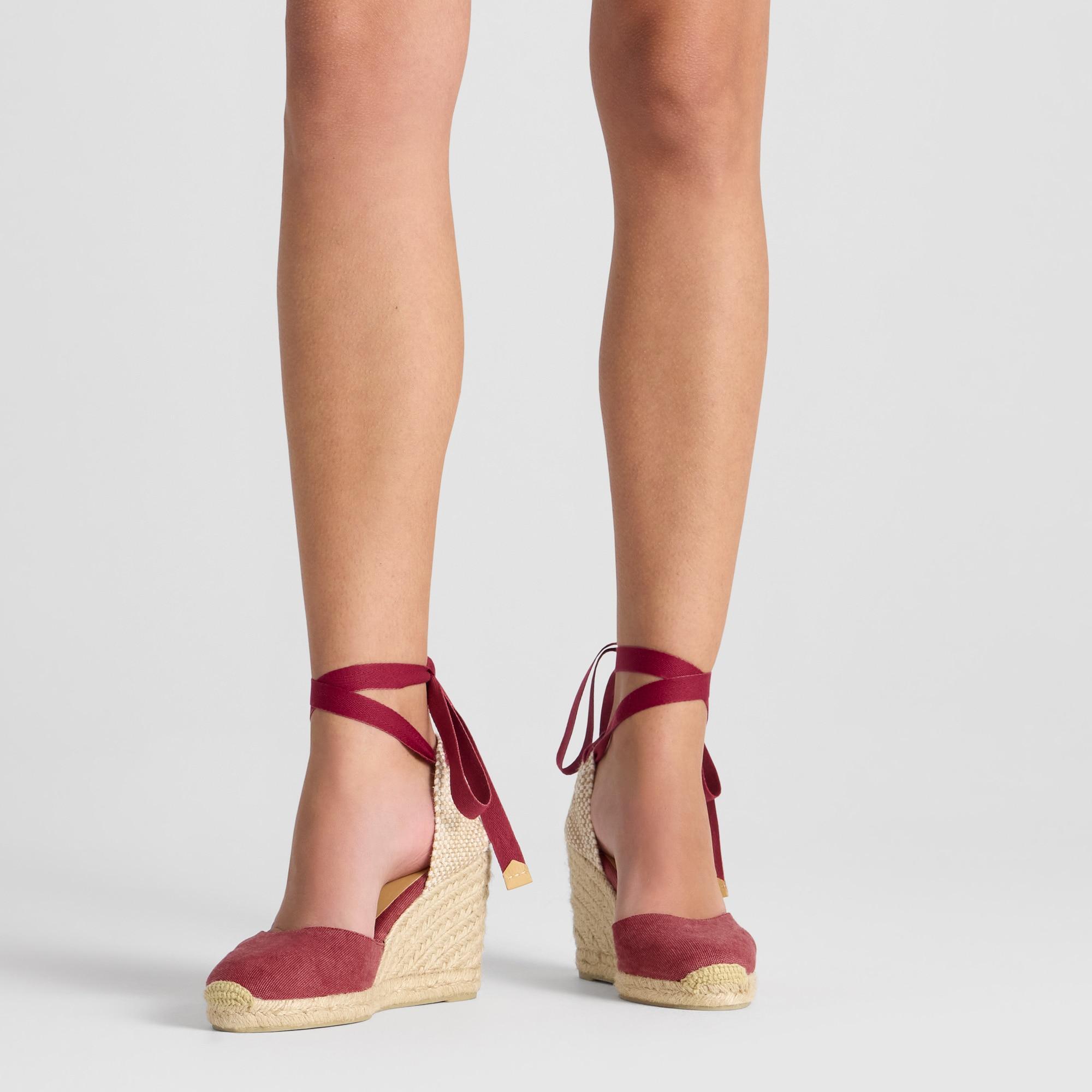 Alpargata de cuña 6 cm en lona de algodón con cintas al tobillo y talonera trenzada