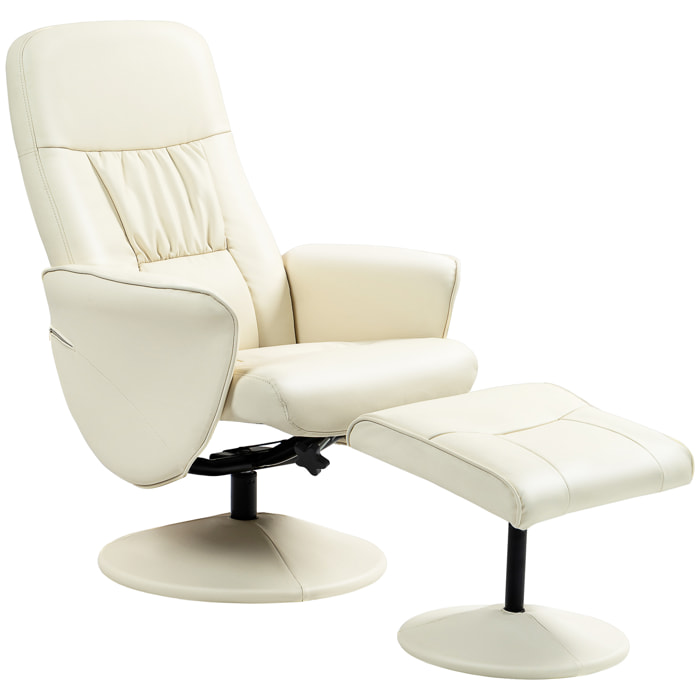 Sillón de Salón con Otomana Reposapiés Tapizado en PU Sillón Relax Reclinable hasta 145° y Giratorio 360° con Respaldo Ajustable para Salón Dormitorio Oficina 76x81x101 cm Blanco Crema