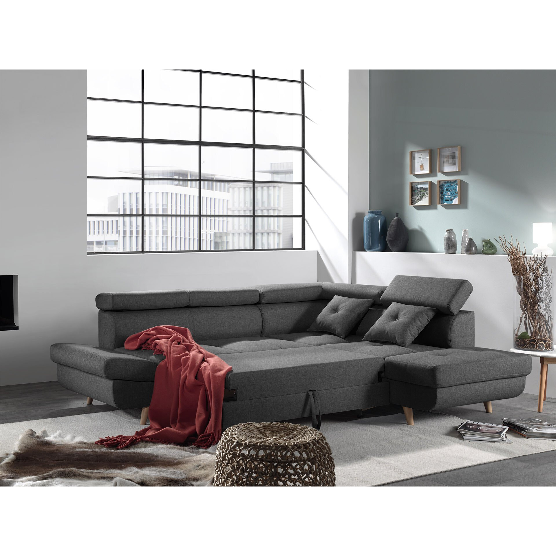 Linea - Canapé d'angle droit convertible - 5 places - avec têtières - Gris foncé