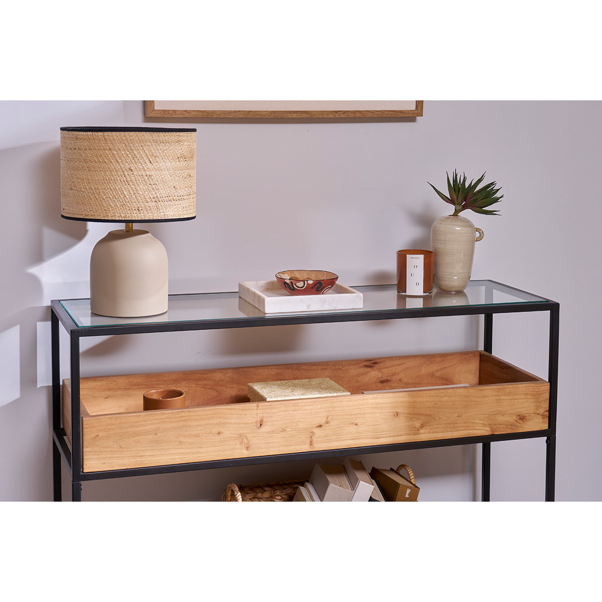 Console avec plateau en verre, rangement en bois massif et métal noir L100 cm HAORA