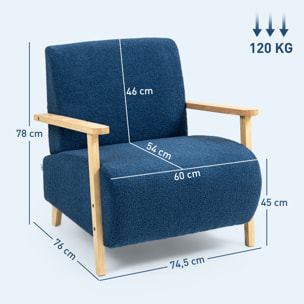 Sillón de Salón Tapizado en Borreguito Butaca de Salón de 74,5 cm con Acolchado Grueso Reposabrazos y Patas de Madera para Dormitorio Sala de Estar Azul Oscuro