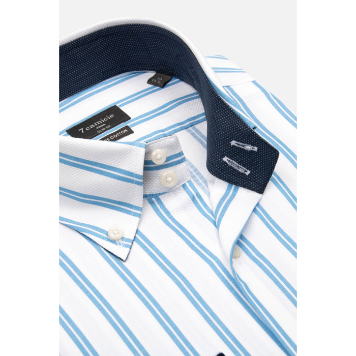 Camicia Uomo 2 Bottoni Button Down Slim Armaturato Riga Larga Bianco e Turchese
