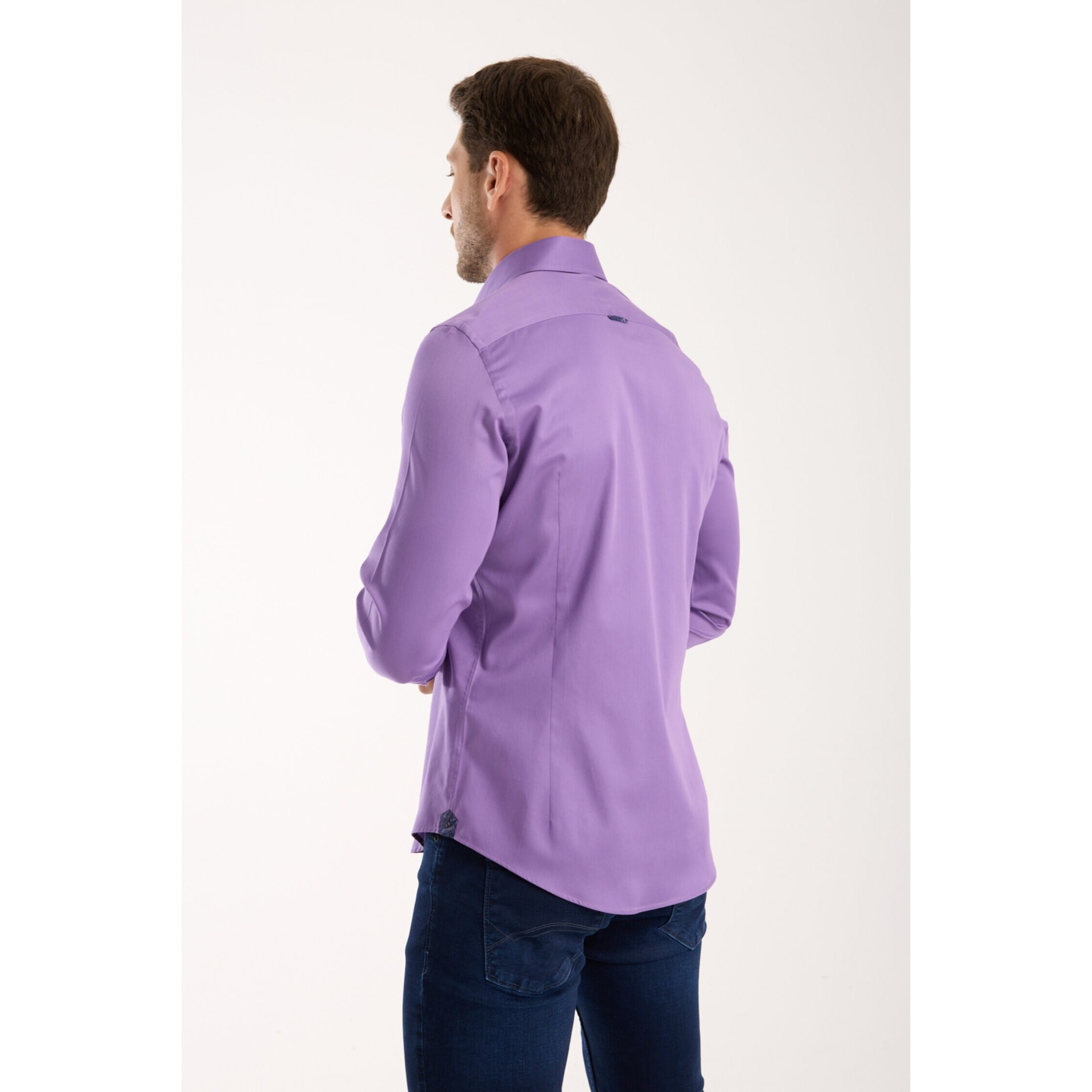 Camicia Uomo 2 Bottoni Button Down Slim Satin Unito Viola