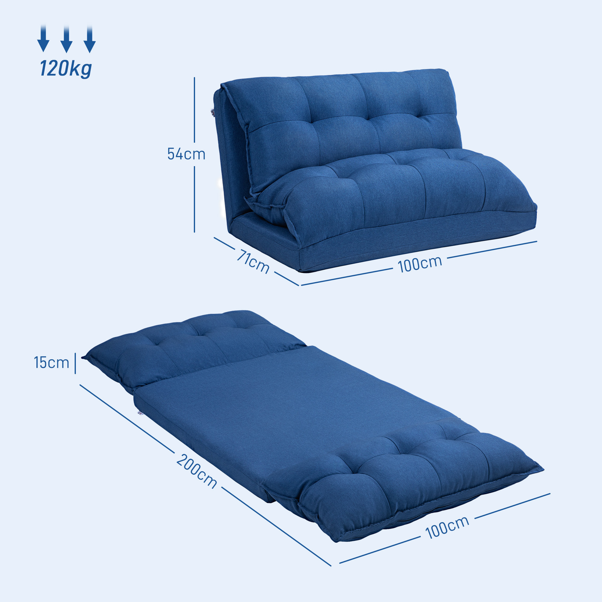 Chauffeuse - matelas d'appoint pliant - fauteuil convertible - inclinaison dossier réglable 13 positions - tissu lin bleu