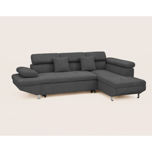 Margaux - Canapé d'angle droit 5 places convertible avec coffre et têtières réglables en velours texturé - Gris