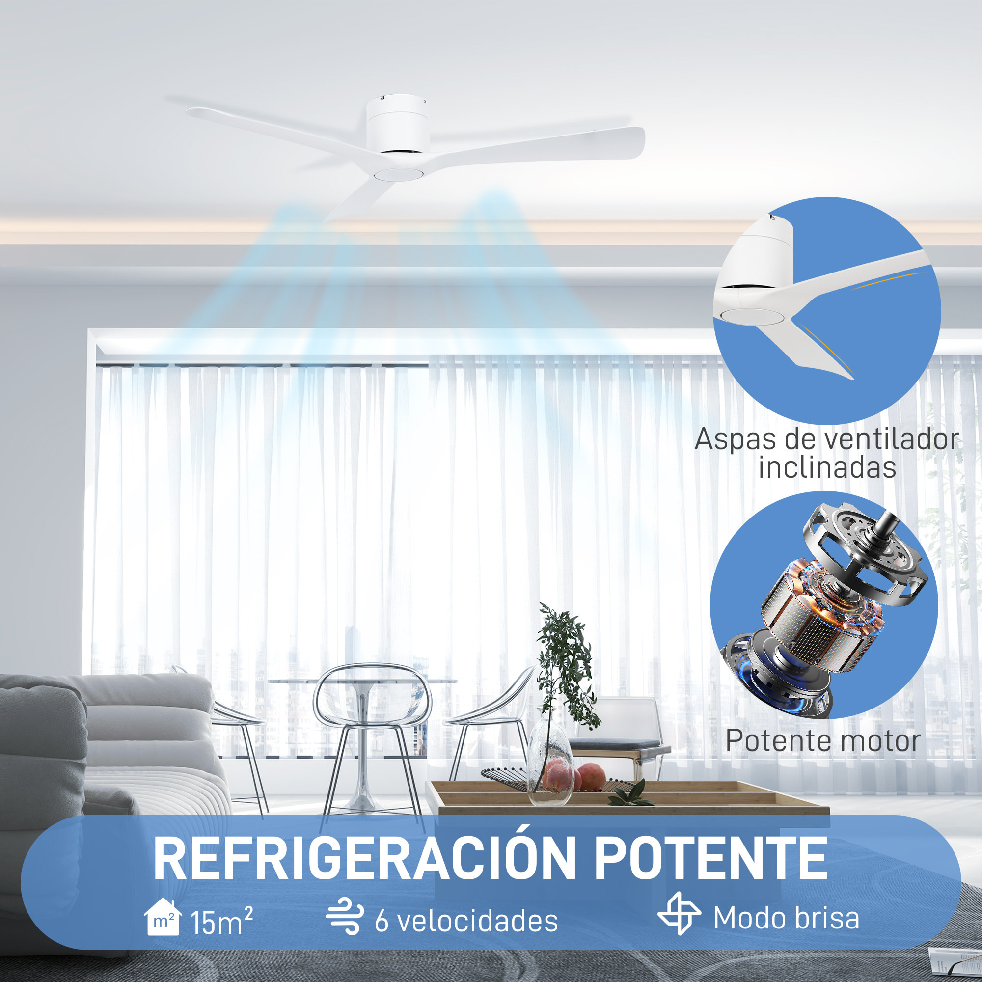 Ventilador de Techo 29W con Mando a Distancia Ventilador Silencioso Ø132 cm con 3 Aspas Reversibles 6 Velocidades Temporizador para Dormitorio Sala de Estar Blanco