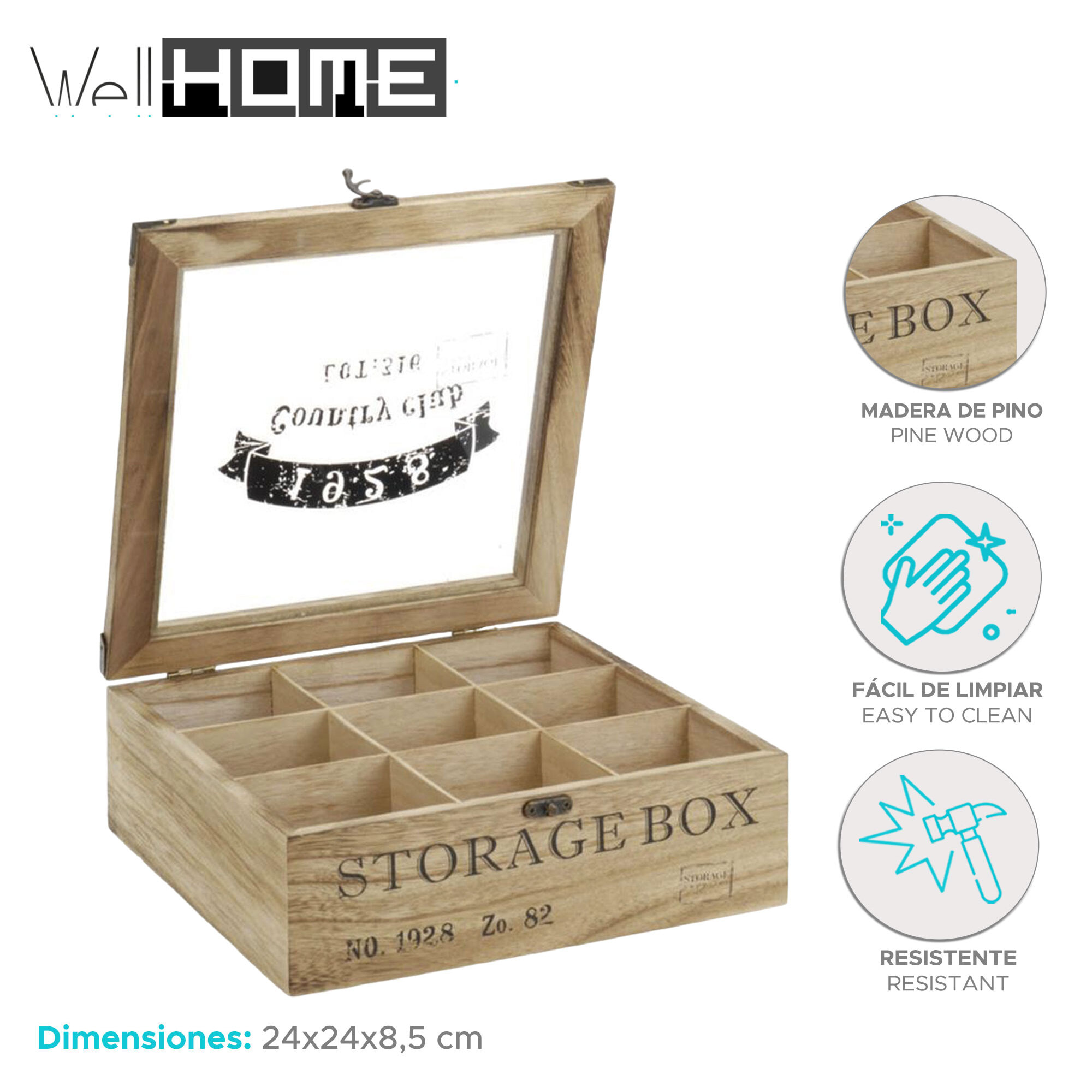 Well home caja de té en madera con 9 compartimentos