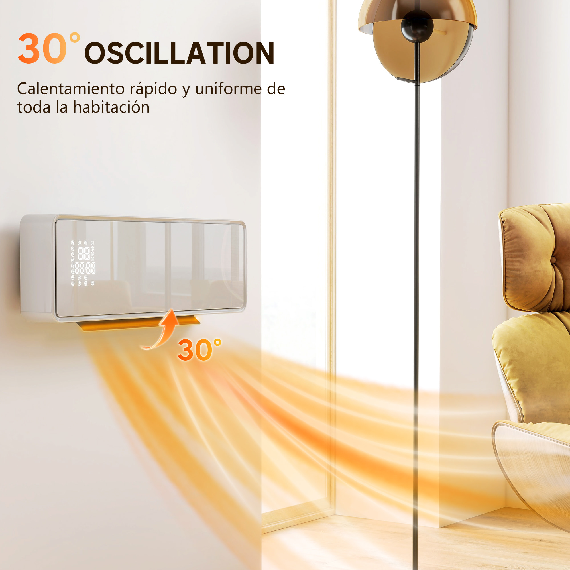 Calefactor Eléctrico Bajo Consumo Cerámico de Pared, 2000W, con 3 Modos, Pantalla LED, Termostato, Temporizador, Oscilación, Mando a Distancia, Detección de Ventanas Abiertas y Panel de Vidrio