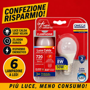 OMEGA Set 6 Lampadine LED Sfera 8W E27 3000K