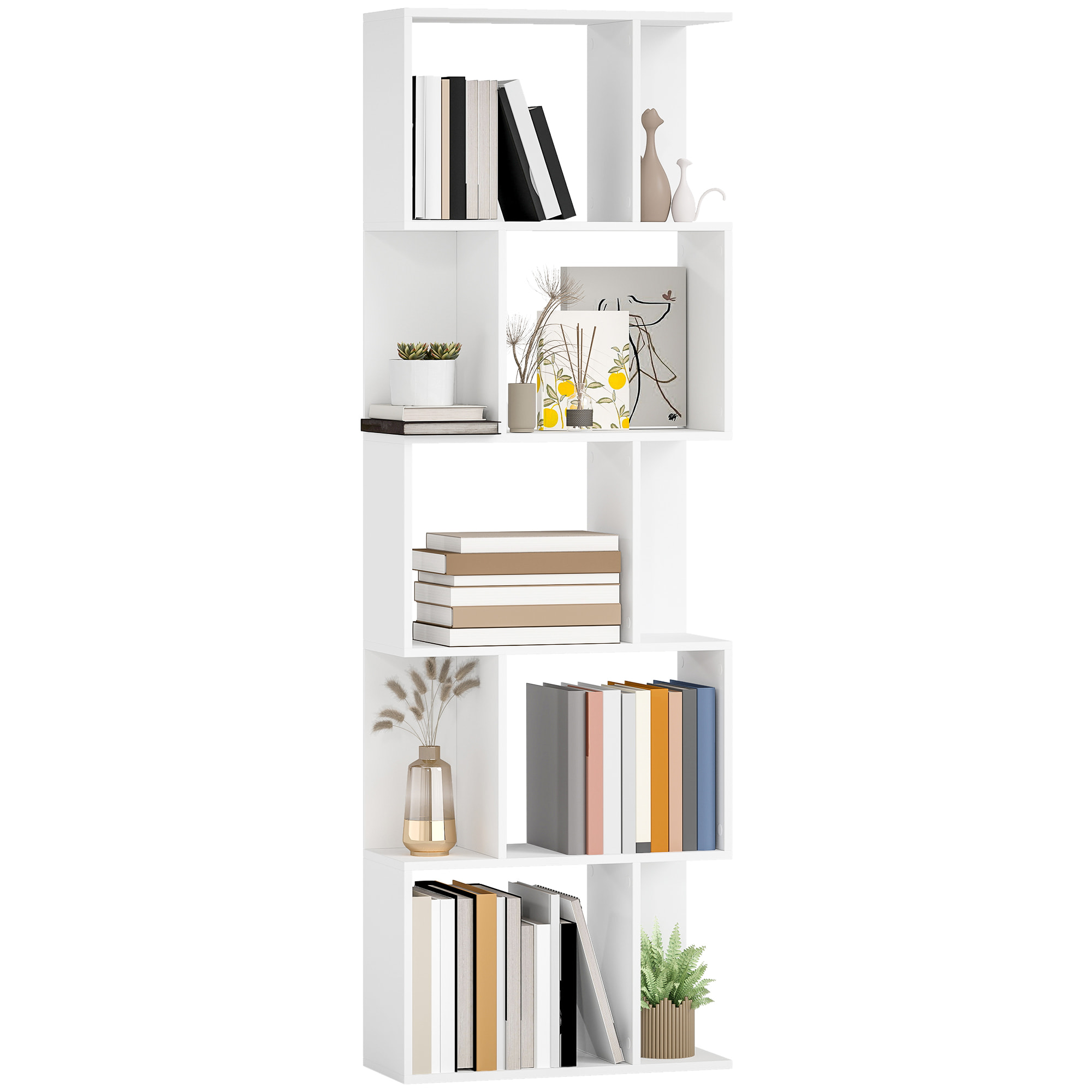 Librería de 5 Niveles, Estantería para Libros en Forma de S con 10 Estantes, para Sala de Estar, Dormitorio, Estudio, Oficina, 60x24x184,5 cm, Blanco
