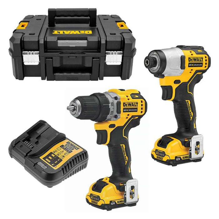 Kit 2 outils XR 12V Brushless Perceuse visseuse DCD701 - Visseuse à chocs DCF801 - DEWALT - avec 2 batteries 12v 3Ah - chargeur - coffret - DCK2110L2T