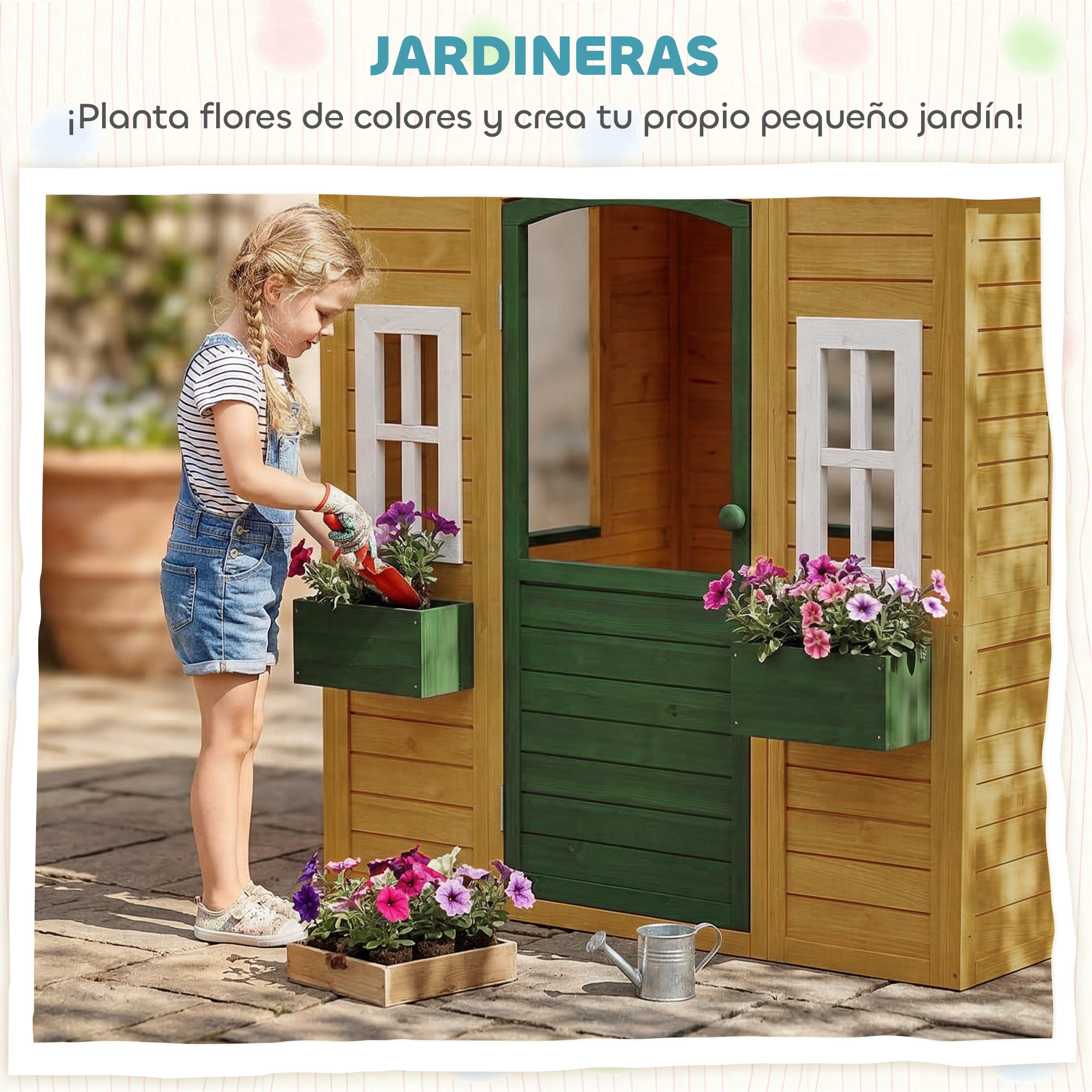Casita Infantil Exterior e Interior de Madera, Casita Infantil con 2 Maceteros, 3 Ventanas, Media Puerta, Casa de Jardín para Niños de 3-8 Años, Marrón