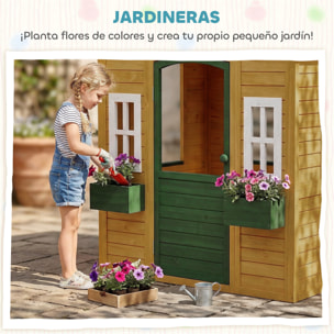Casita Infantil Exterior e Interior de Madera, Casita Infantil con 2 Maceteros, 3 Ventanas, Media Puerta, Casa de Jardín para Niños de 3-8 Años, Marrón