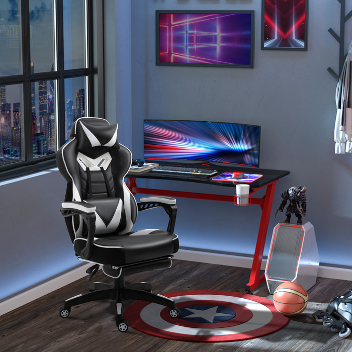 Vinsetto Fauteuil de bureau gamer style baquet racing - pivotant, inclinable - coussin lombaire, tétière, repose-pieds inclus - revêtement synthétique blanc noir