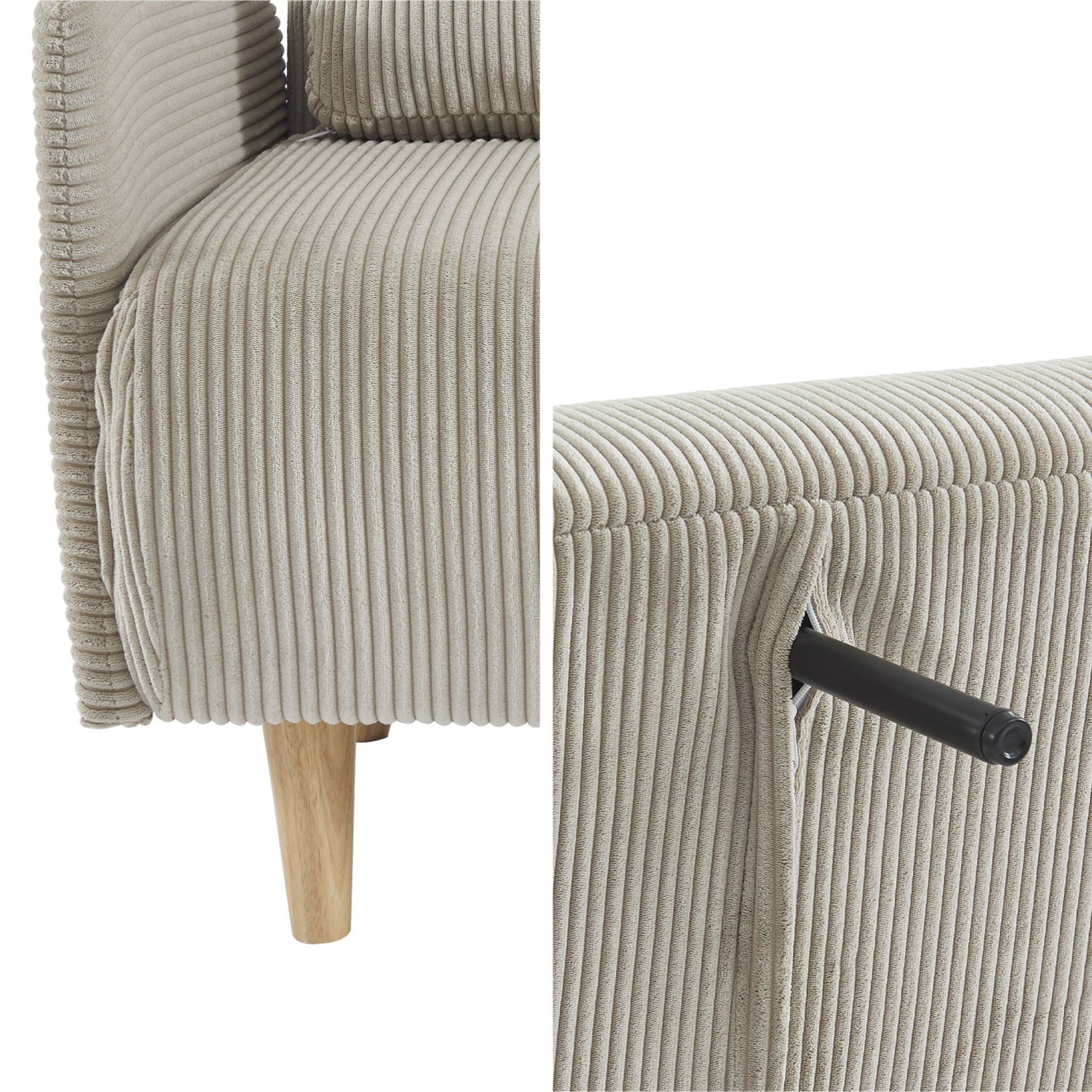 Canapé convertible en velours côtelé - Panam - 2 places scandinave. pieds bois. beige/greige. banquette. dossier inclinable