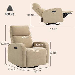 Sillón Relax Reclinable Eléctrico con Doble Motor, Sillón Reclinable de Chenilla Giratorio y Balancín con Reposacabezas Ajustable, Puertos USB y USB-C, Reposapiés, Botones Iluminados, Beige