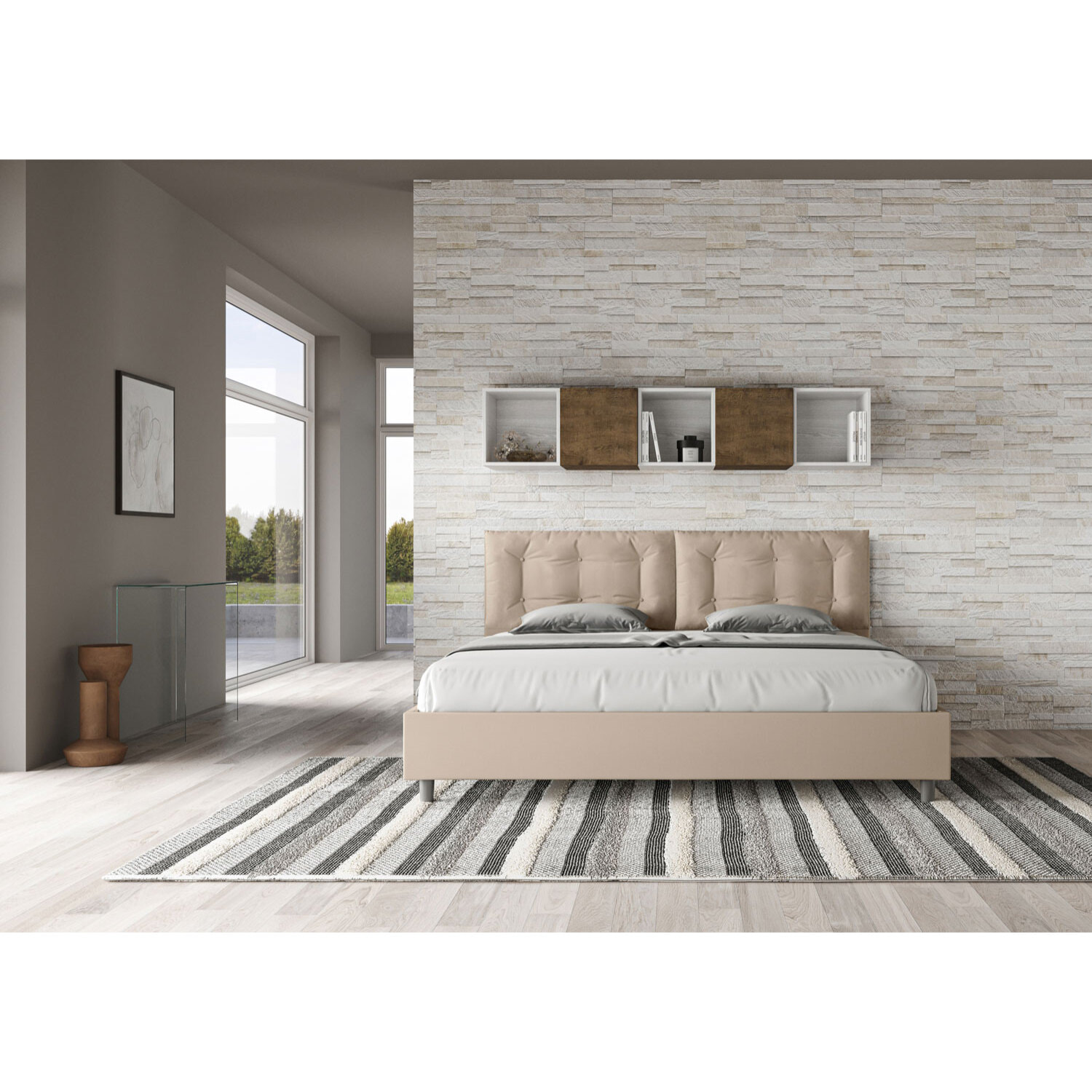 Lit king size sans sommier rembourré 200x200 similicuir taupe Annalisa Large