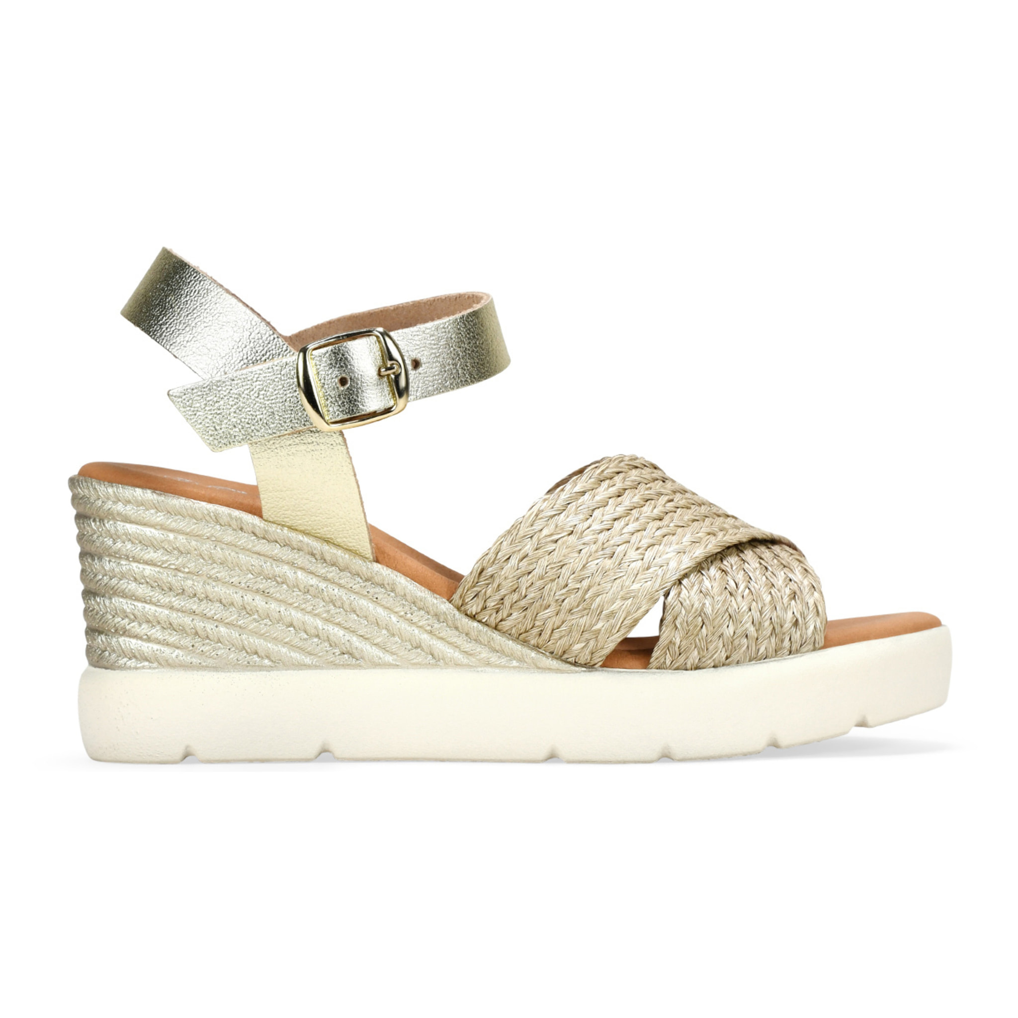 Sandalias de cuña doradas en piel con esparto