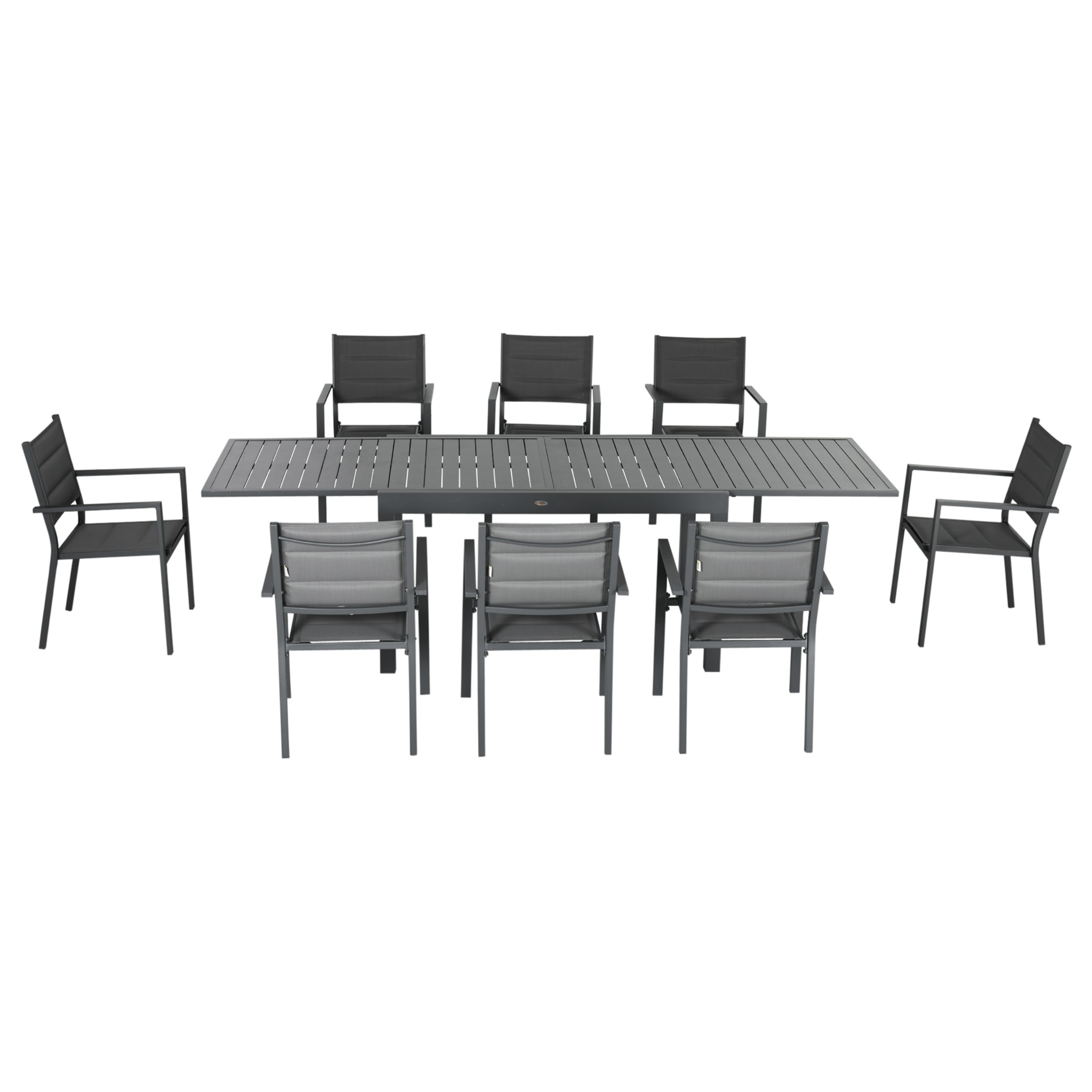 Ensemble de jardin 8 personnes chaises empilables table extensible 135/270L cm alu. textilène gris