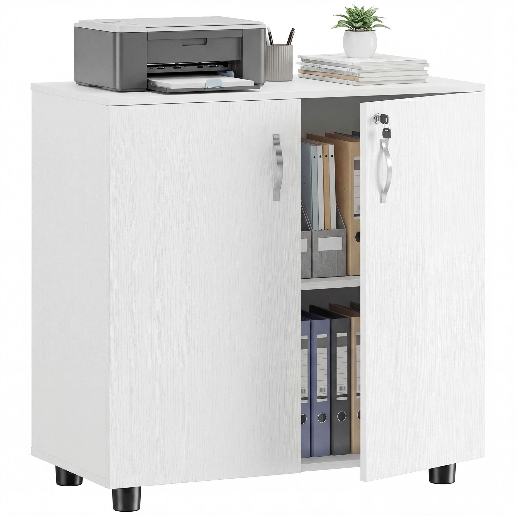 Armoire de bureau verrouillable 2 portes étagère effet bois blanc