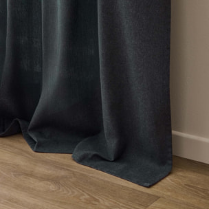 Rideau à œillets avec haut à carreaux et pompons en polycoton - Gris anthracite