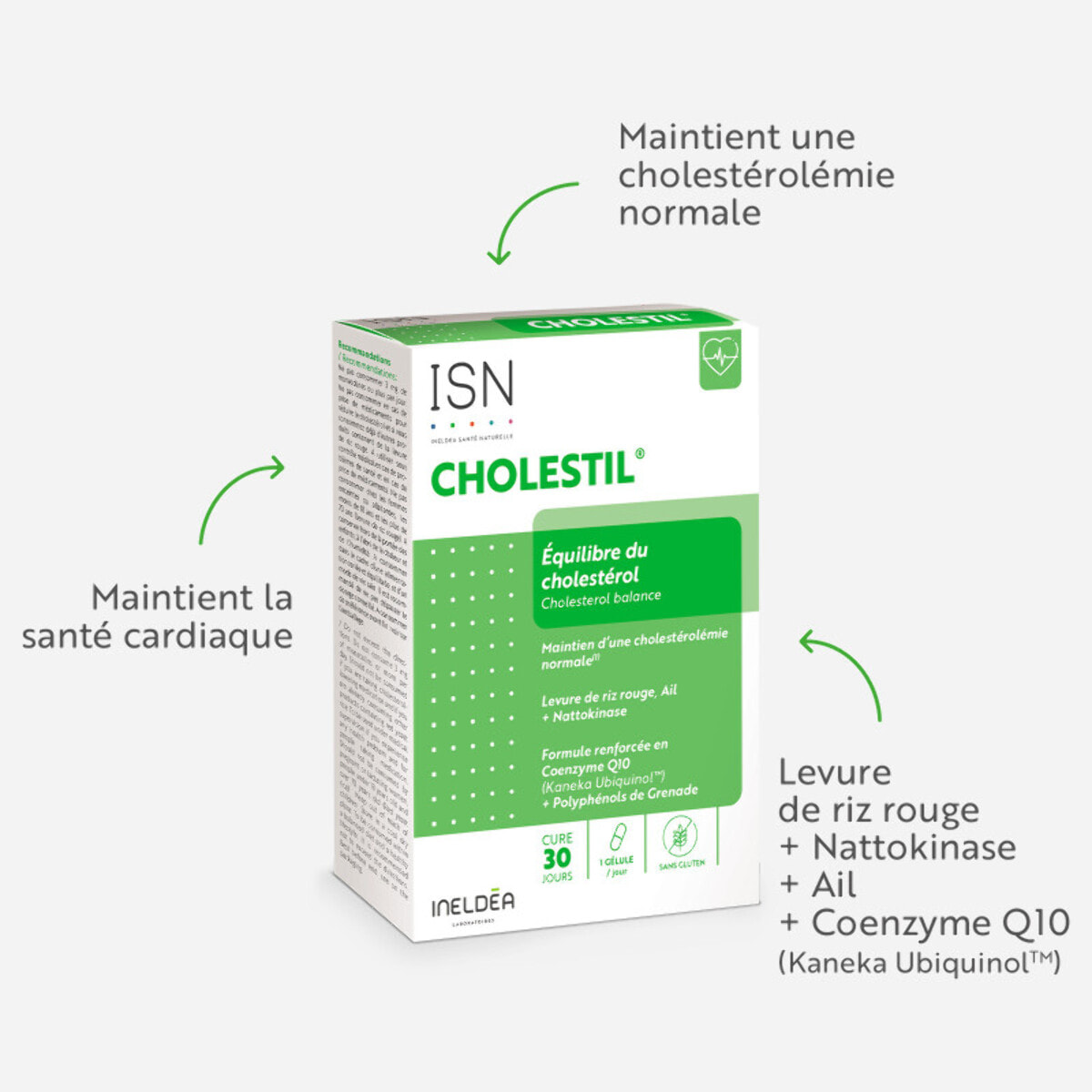 ISN - Cholestil - Maintient une cholestérolémie normale et protection du système cardiovasculaire - Complexe synergisé : Levure de riz rouge, Ail et Nattokinase - 30 gélules végétales