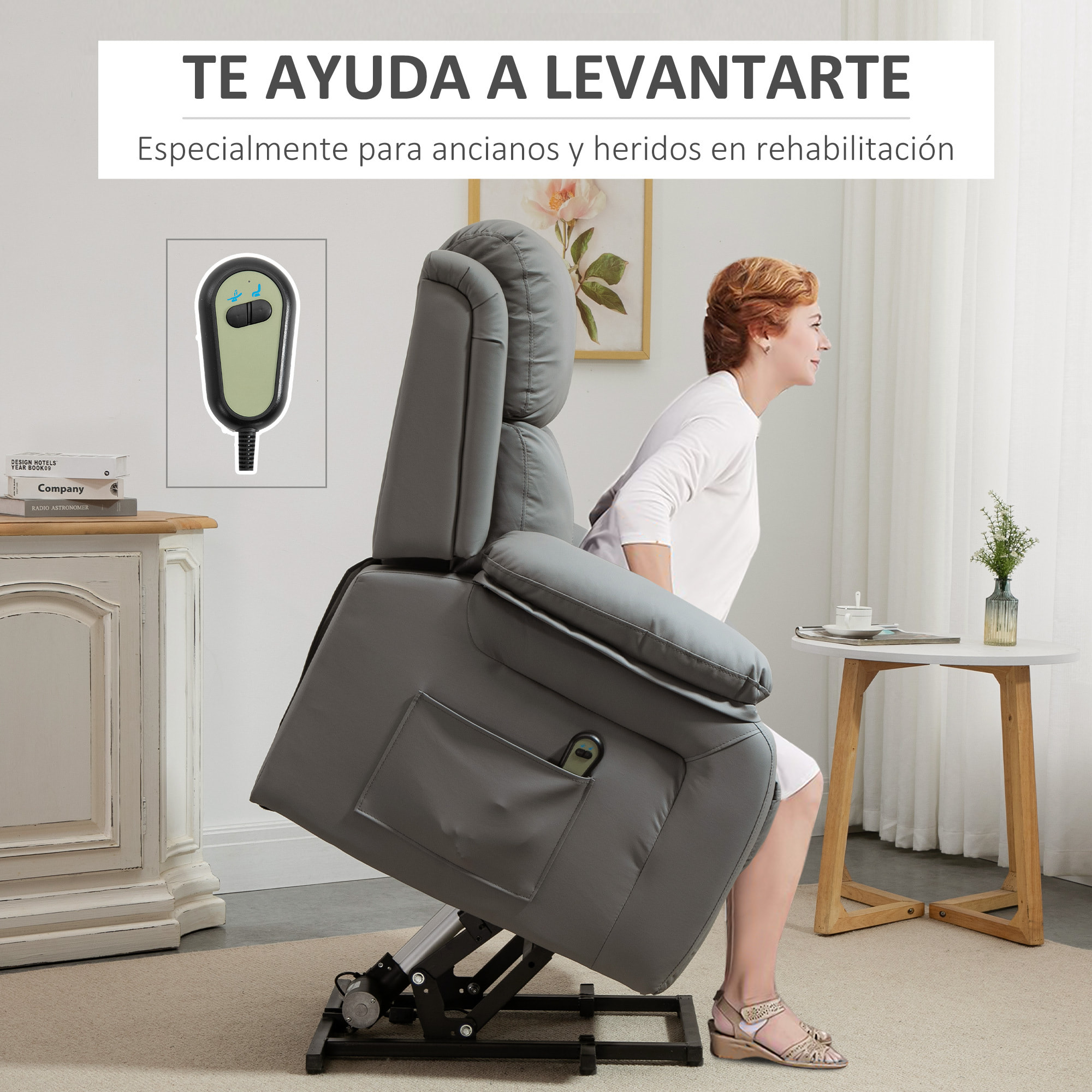 Sillón Relax Levanta Personas Auto-Ayuda con Control Remoto Reclinación Eléctrica 160° Reposapiés Respaldo Tapizado en PU y Bolsillos Laterales 76x90x105 cm Gris