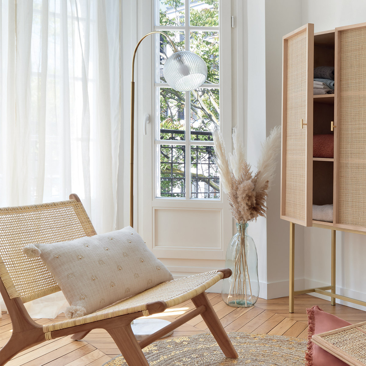 Lampadaire arc "Laye" - blanc et doré - socle en marbre H150 cm