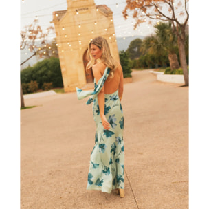 Vestido largo con escote halter y lazada