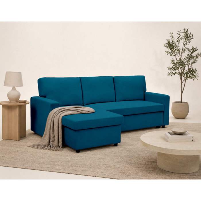 Meiya - canapé d'angle réversible 4 places convertible avec coffre en tissu - Bleu
