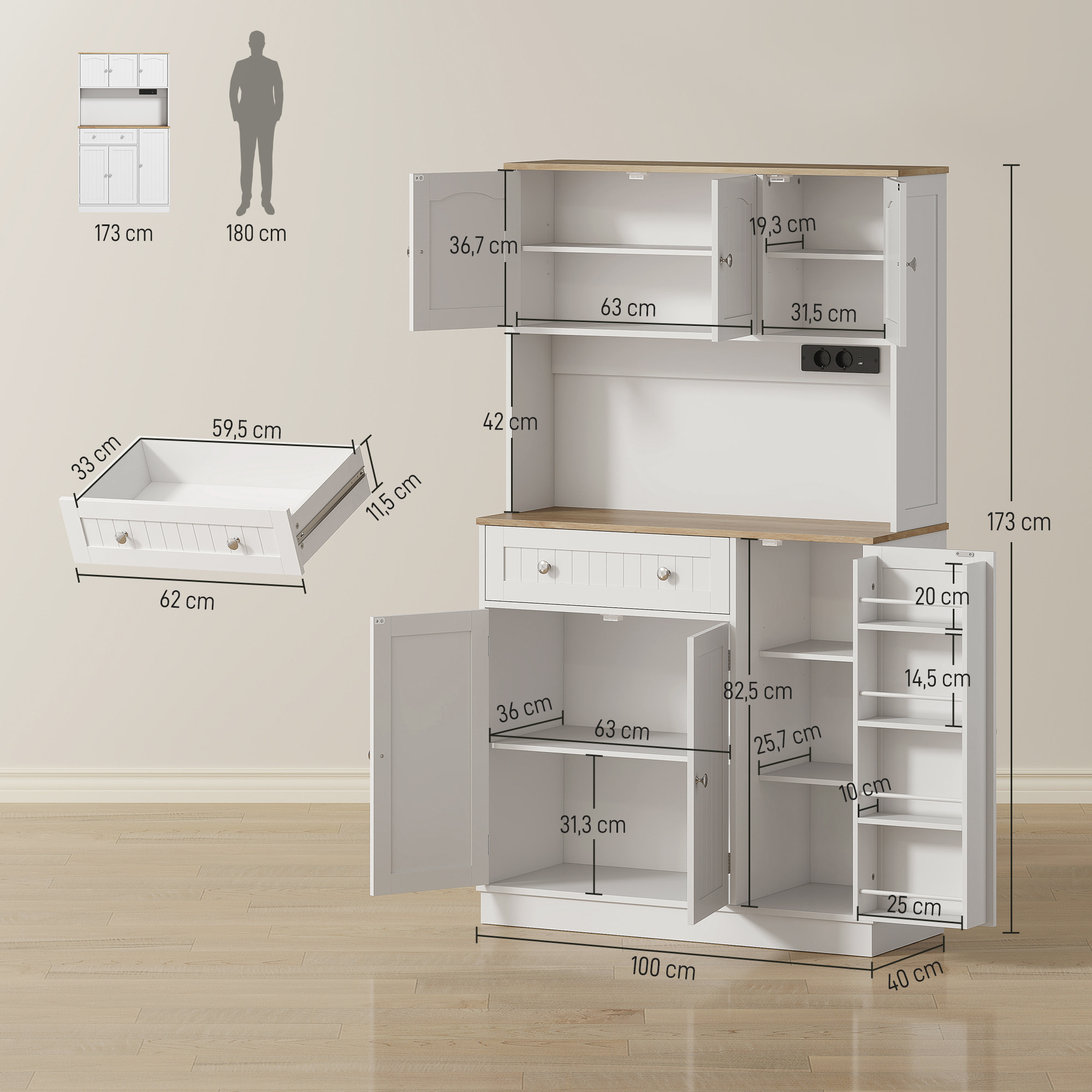 Alacena de Cocina Alta con Estación de Carga, Mueble Auxiliar de Cocina, 6 Puertas, Cajón, Estantes Ajustables, 4 Estantes para Especias, Encimera Amplio, para Comedor, 100x40x173 cm, Blanco
