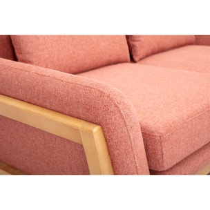 Canapé scandinave 2 places en tissu effet velours texturé terracotta et bois clair YOKO