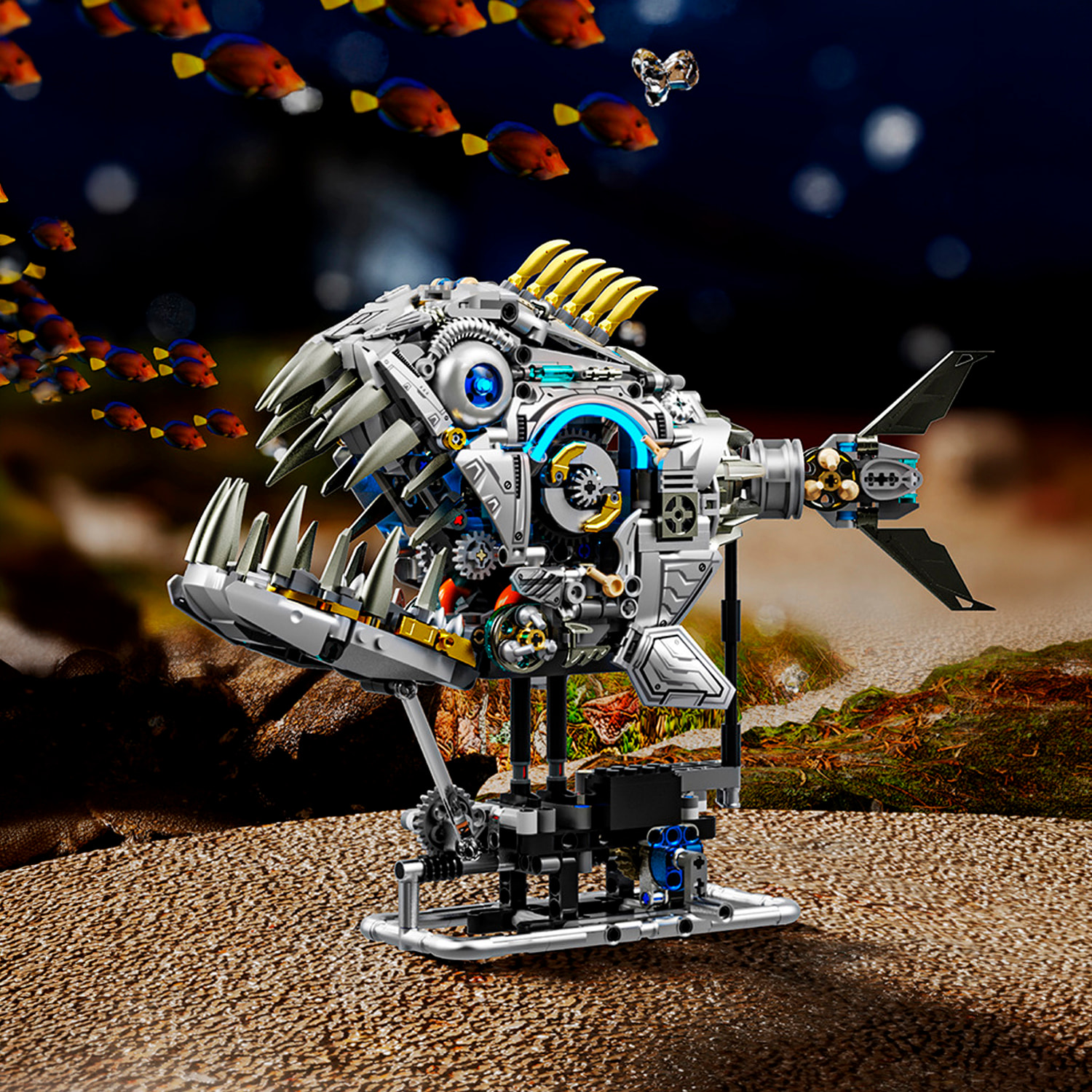 Maqueta 3D mecanizada de piraña con 1085 piezas, equipada con luces y mecanismo de manivela que permite movimiento dinámico.