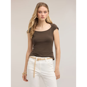 Motivi - T-shirt con scollo a barchetta - Marrone