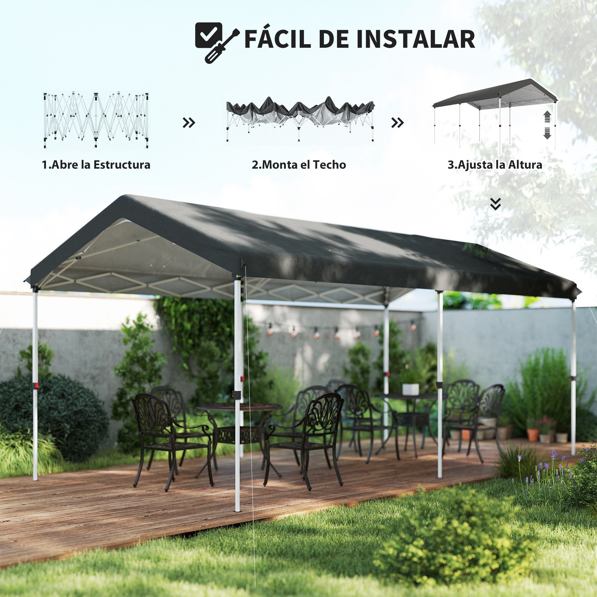 Carpa Plegable 6x3 m Cenador de Jardín con Altura Ajustable en 3 Niveles Protección UV50+ Impermeable y Bolsa de Transporte Gazebo para Exterior Fiestas Camping Gris Oscuro
