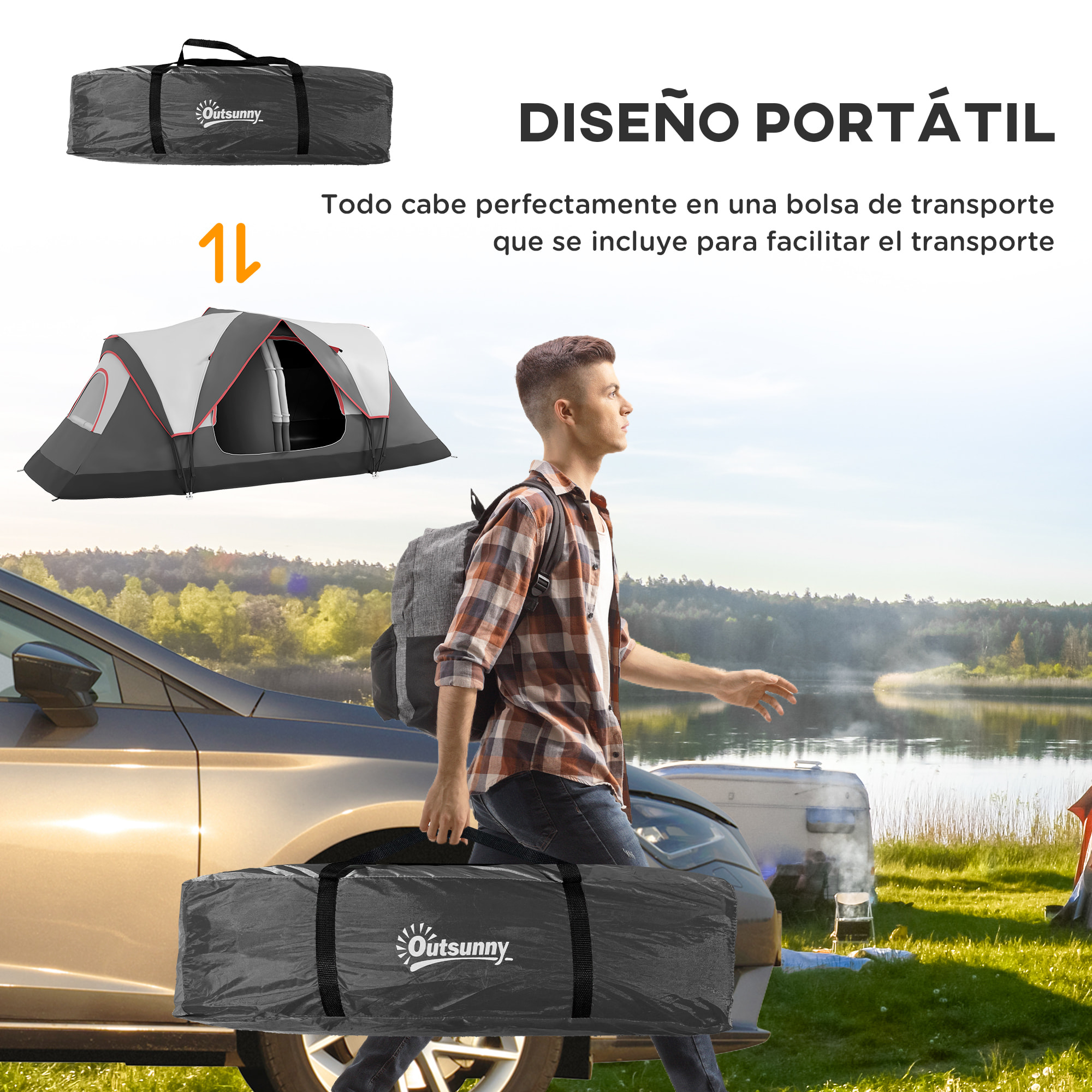 Tienda de Campaña Familiar para 6-8 Personas Tienda de Camping Plegable con 2 Habitaciones y Bolsa de Transporte Impermeable para Senderismo 450x215x180 cm Gris